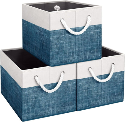 Fab totes Storage Bins, Foldable Storage Baskets for Organizing Toys, Books, Shelves, Closet, Large Storage Box with Rope Handles, Sturdy Organizer Bins, White & Grey