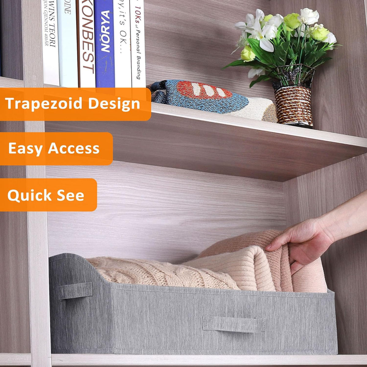 WUIKE Closet Organizers and Storage, Trapezoid Storage Bins, Fabric Closet Bins with Handles, Foldable Storage Baskets for Clothes, Purse, Blanket, Herringbone Gray, Extra Large