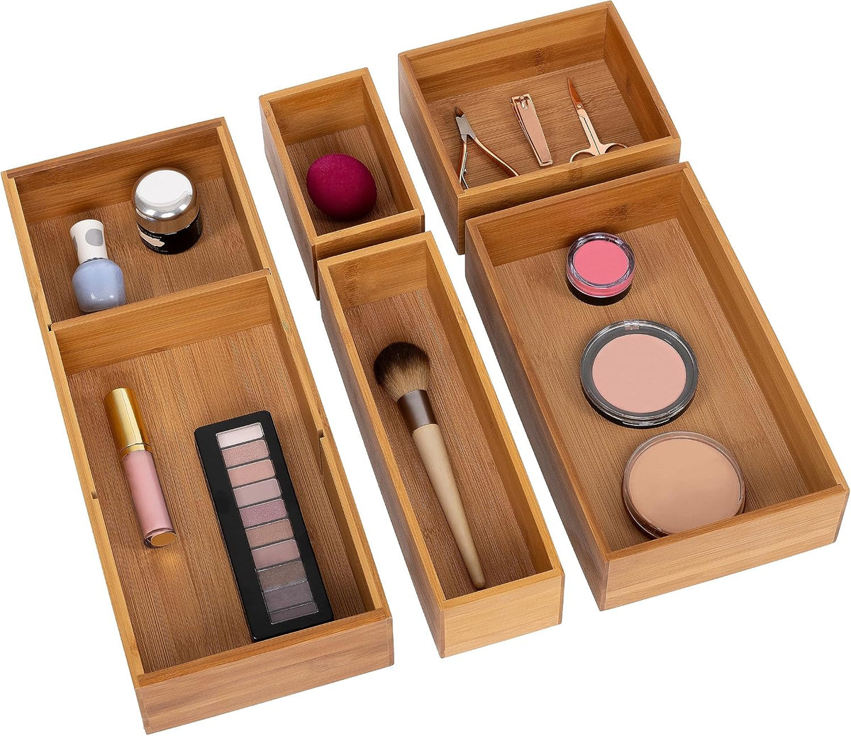 Seville Classics Bamboo Premium Organizer Storage Bins for Kitchen Silverware, Pantry, Closet, Office Desk, Pens, Utensils, Makeup, K Cup, Bamboo, Bag Holder Bin Set