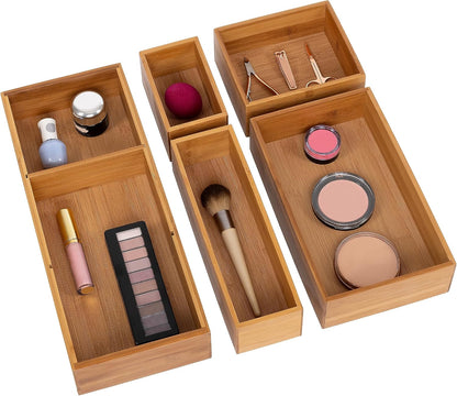 Seville Classics Bamboo Premium Organizer Storage Bins for Kitchen Silverware, Pantry, Closet, Office Desk, Pens, Utensils, Makeup, K Cup, Bamboo, Bag Holder Bin Set