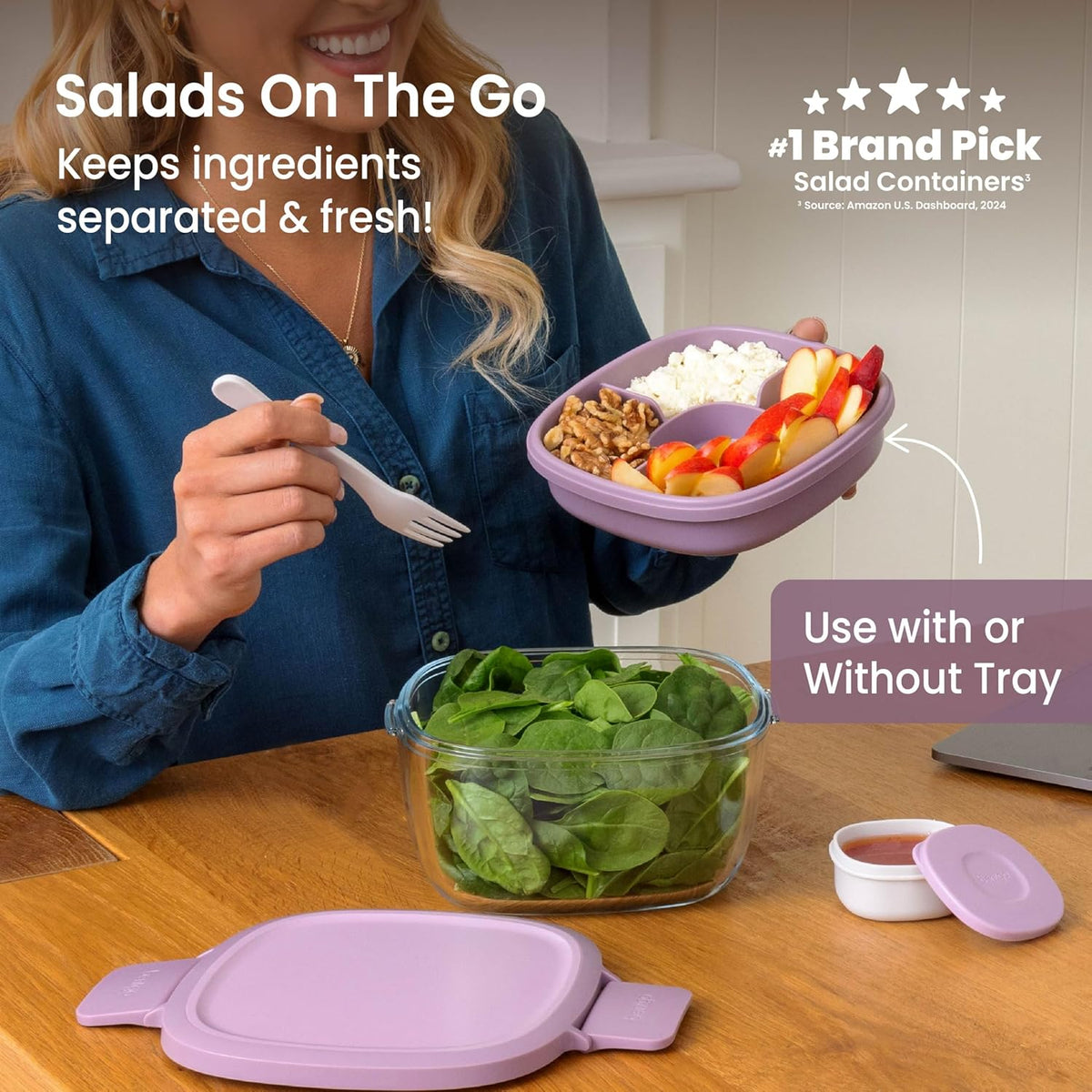 Bentgo Glass Prints Salad Container - 7.6-Cup Tinted Glass Salad Bowl with Airtight Lid, Leak-Proof Sauce Container, 4-Compartment Bento Meal Prep Tray & Reusable Fork (Floral Maximalist - Sea)