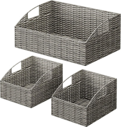 Rattan Storage Baskets, Handwoven Wicker Storage Bins with Built-in Handles, Storage Container Baskets for Shelves, Bedroom, Bathroom, Laundry Room or Kitchen(Natural)