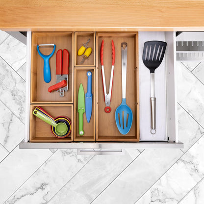 Seville Classics Bamboo Premium Organizer Storage Bins for Kitchen Silverware, Pantry, Closet, Office Desk, Pens, Utensils, Makeup, K Cup, Bamboo, Bag Holder Bin Set