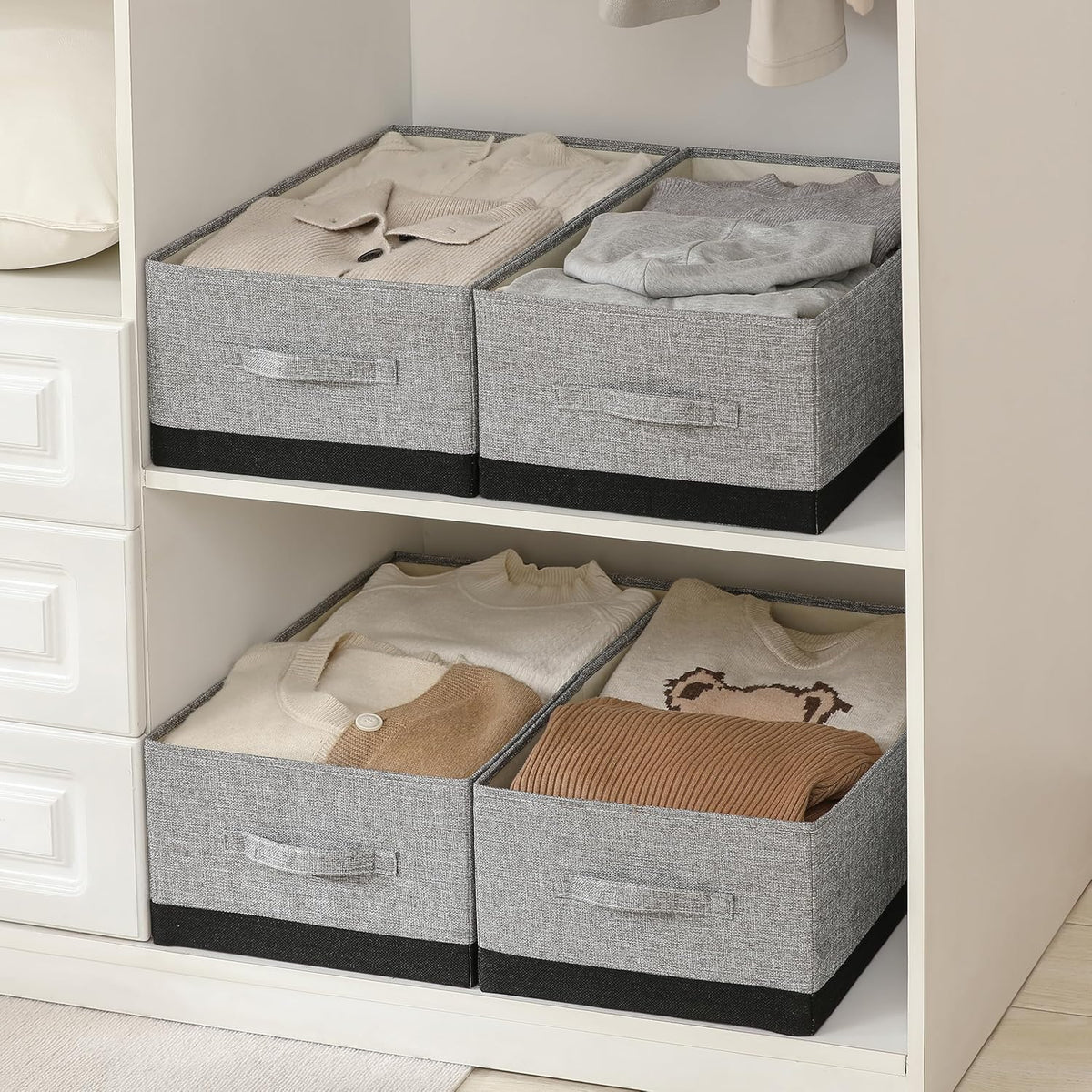 Linen Folding Storage Bins, 3 Pack Large Storage Baskets, Washable, Clothing Storage Bins with Handle, Closet Organizer for Storage Sweater,Sheets(Beige, 18½"x11 x8½)