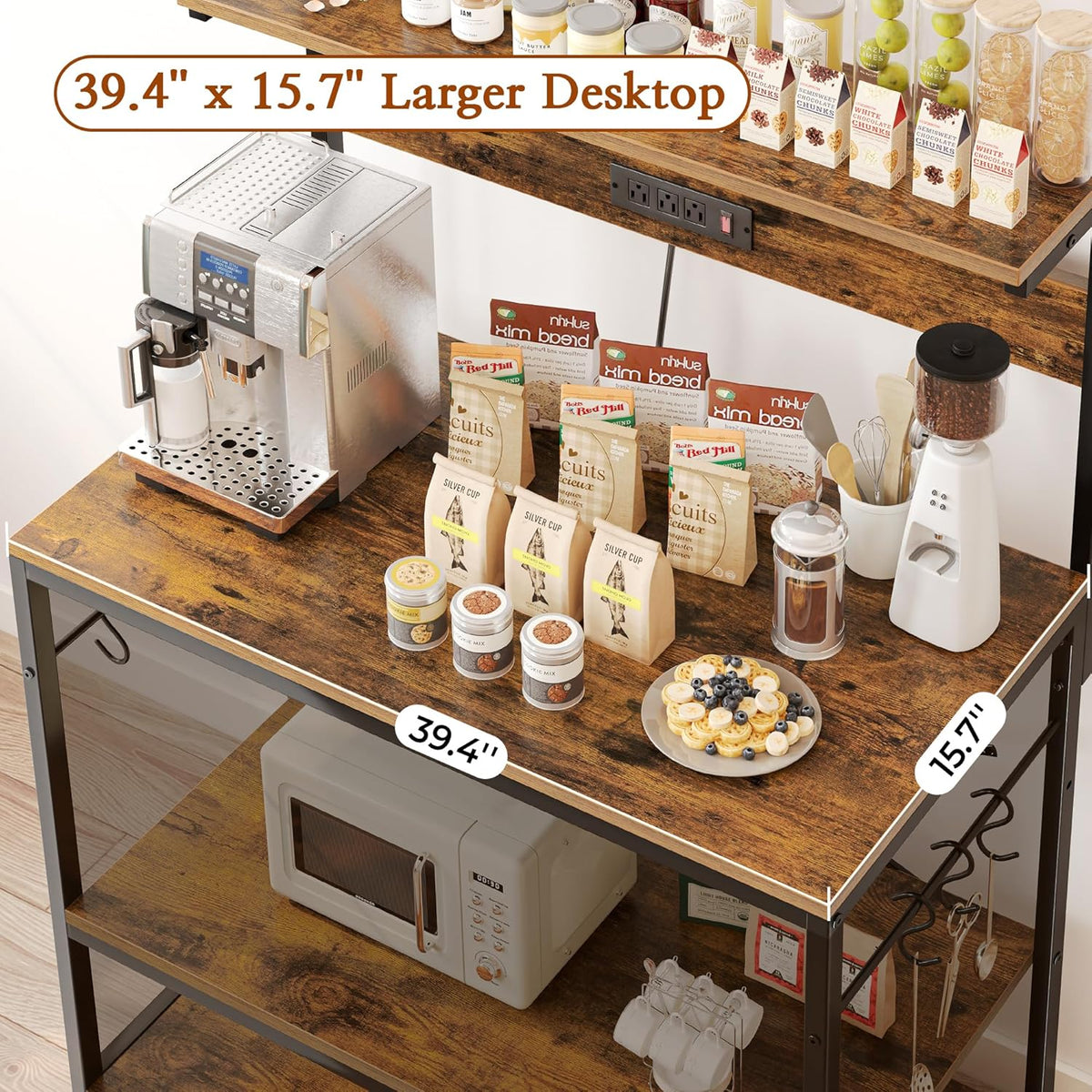 SUPERJARE Kitchen Bakers Rack with Power Outlet, Coffee Bar Table 4 Tiers, Kitchen Microwave Stand with 6 S-shaped Hooks, Storage Shelf Rack for Spices, Pots and Pans - Rustic Brown