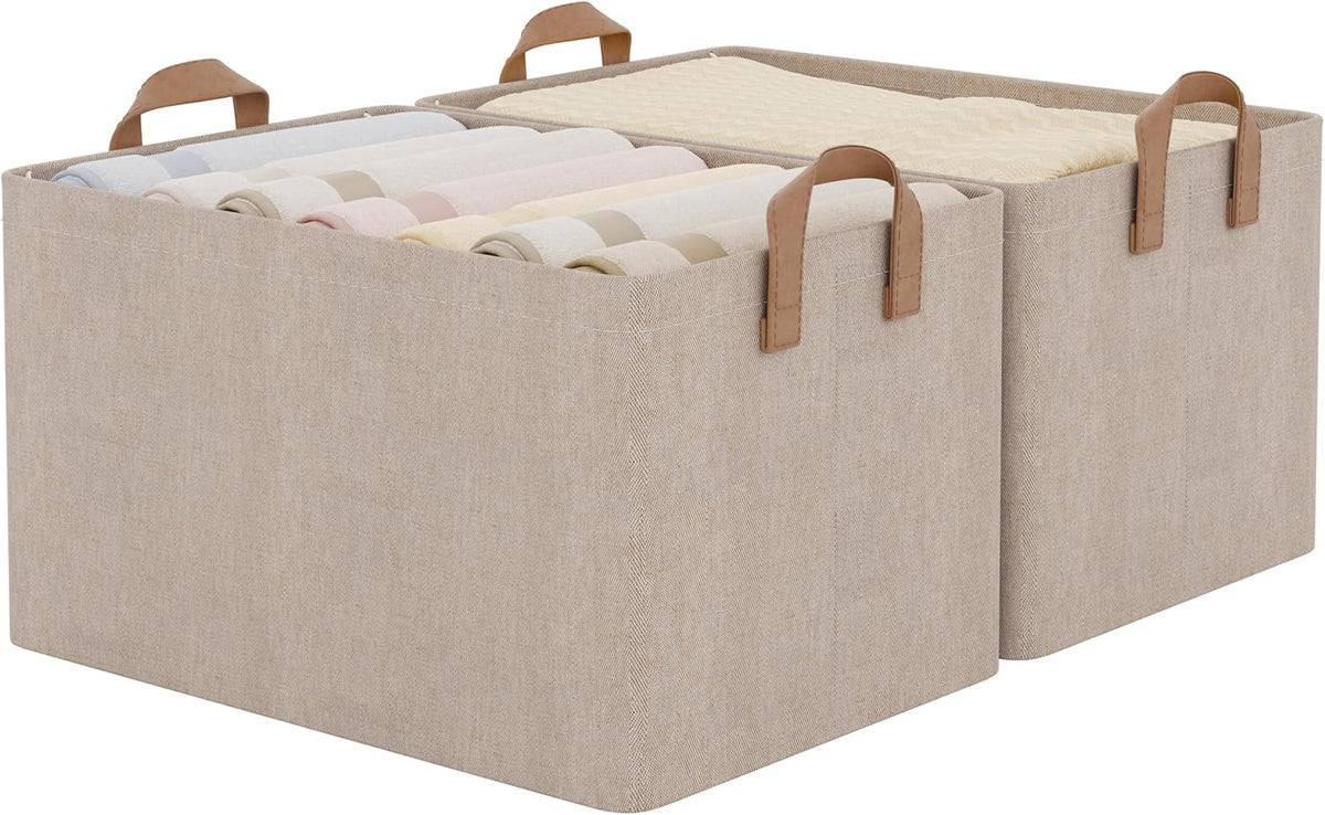 StorageWorks Storage Bins, Shelves Baskets for Organizing, Fabric Closet Organizers with Handles, Metal Frame, Beige-Cotton-linen, 2-Pack