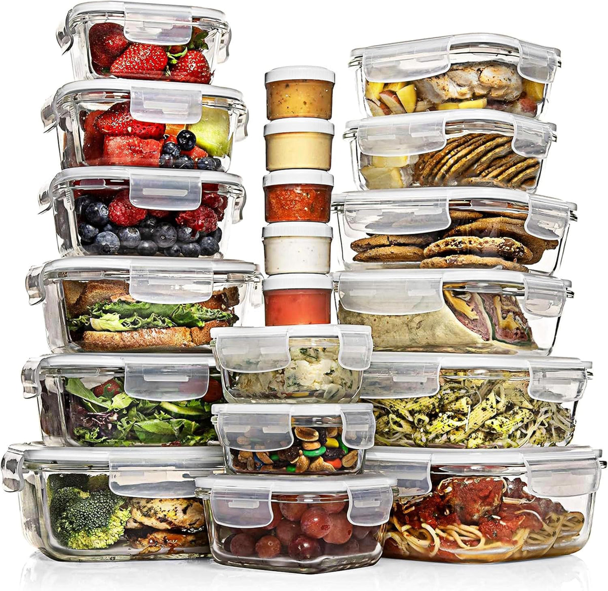 Razab 35 Pc Set Glass Food Storage Containers with Lids - Meal Prep Airtight Bento Boxes BPA-Free 100% Leak Proof (15 lids,15 glass & 5 Plastic Sauce/Dip Containers)