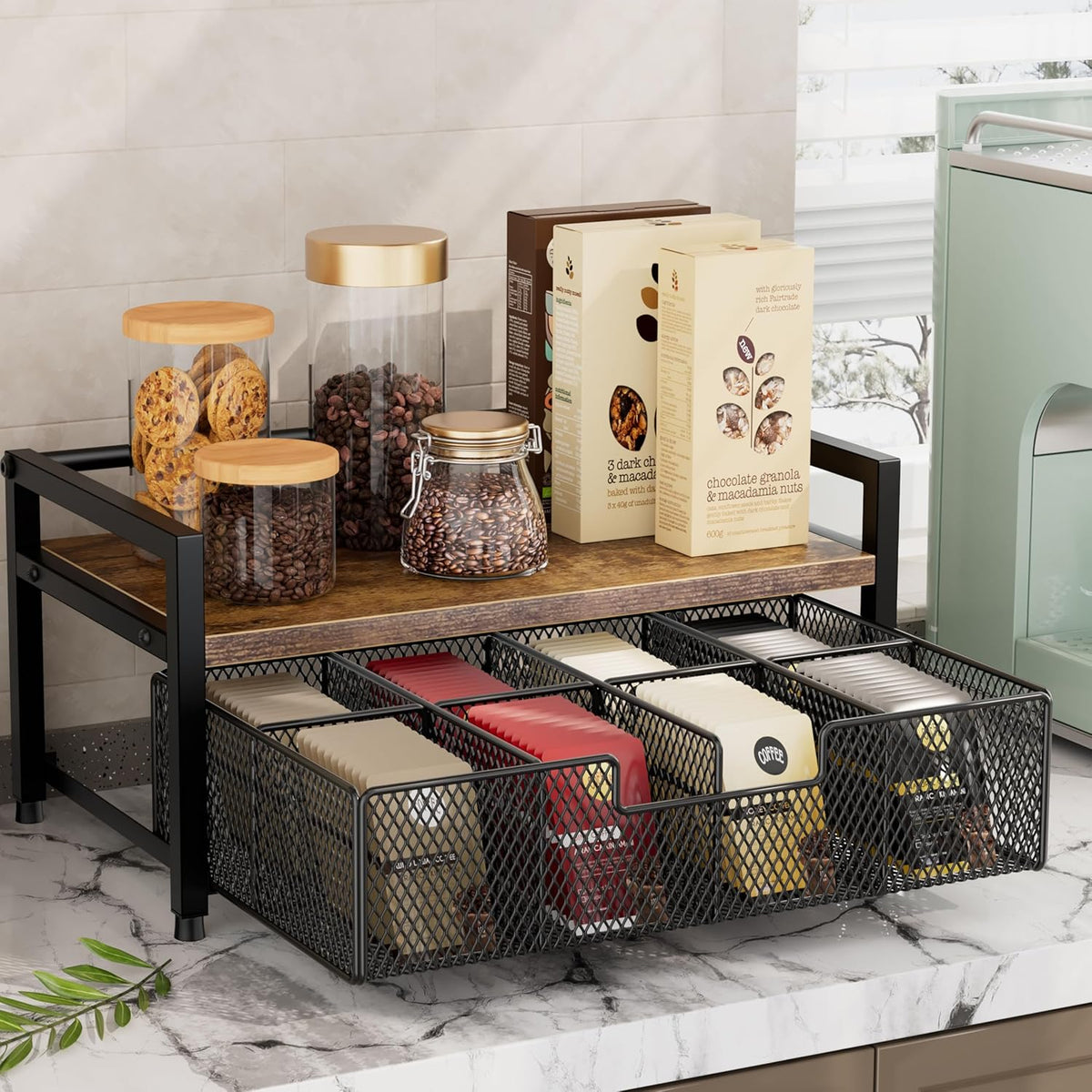 Tea Bag Organizer, Tea Bag Holder with Drawer, Wood and Metal Tea Organizers and Storage Chest for Countertop Kitchen, Office, Rustic Brown