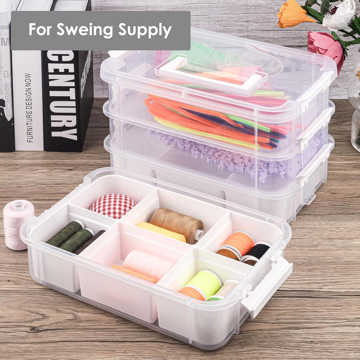 CraftGenes Grey&White Modern Plastic Storage Box - 4-Layer Durable Craft Storage Containers with 2 Removable Trays for Arts & Crafts Supplies, Sewing, Office, Seasonal Decor