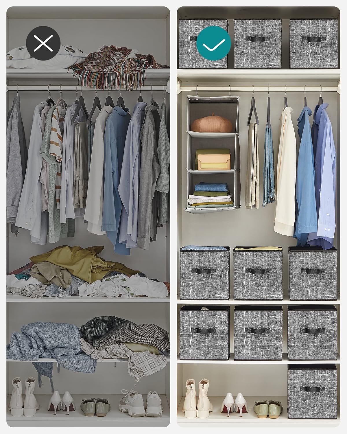 SONGMICS Storage Cubes, 11-Inch Non-Woven Fabric Bins with Double Handles, Set of 6, Closet Organizers for Shelves, Foldable, for Clothes, Cattail Gray UROB26LG