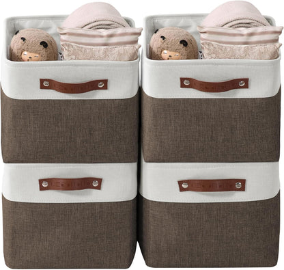 DECOMOMO Storage Bins, Large Fabric Storage Baskets for Shelves, Decorative Linen Closet Organizer, 15 x 11 x 9.5 inches (Beige & White, 3 Pack)