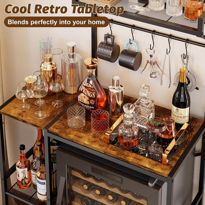 Yuyetuyo Mini Fridge Stand with Storage Shelves, Wine Cabinet, Microwave Stand, Coffee Bar, TV Stand, Bakers Rack, Beverage Refrigerator Table Adjustable for Dorm Apartment Kitchen Rustic Brown