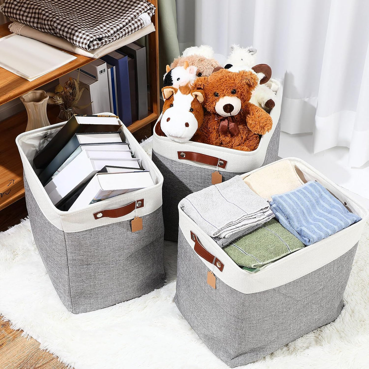 Uiifan 10 Pcs Collapsible Storage Bins Fabric Foldable Storage Basket with Handles Cloth Organizer Linen Shelf Baskets for Shelves Home Closet Nursery Toys(16 x 12 x 10 Inch,Gray and White)