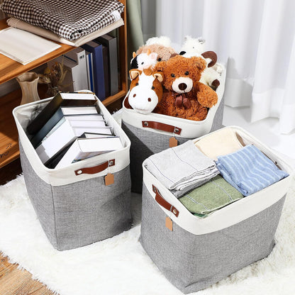 Uiifan 10 Pcs Collapsible Storage Bins Fabric Foldable Storage Basket with Handles Cloth Organizer Linen Shelf Baskets for Shelves Home Closet Nursery Toys(16 x 12 x 10 Inch,Gray and White)