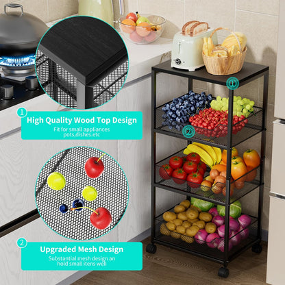 HapiRm Fruit Basket Kitchen Cart - 4-Tier Rolling Storage Cart with Wheels, Fruit Vegetable Basket with Wood Top, Pantry Utility Kitchen Organizer for Fruit Potato Onion Vegetable Bread Snack