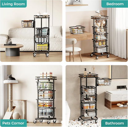 5 Tier Kitchen Fruit Vegetable Storage Cart with One-Piece Rotating Basket, Pantry Organizer Shelf Rack Floor Stand for Veggie Onion Potato Produce Spice, Rolling Snack Cart on Wheels, Black