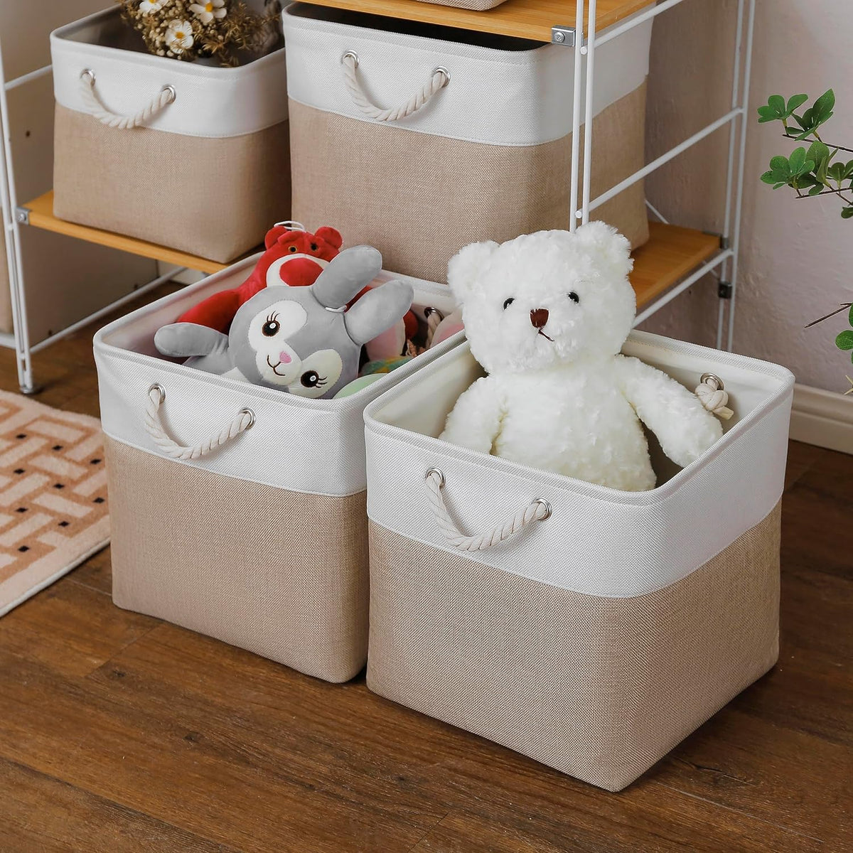 MidmmVick 13 x 13 Inch Cube Storage Bins, 6 Pack Extra Large Collapsible Fabric Storage Bin with Ropes, Foldable Storage Cubes for Home (White & Beige-13"x13"x13")