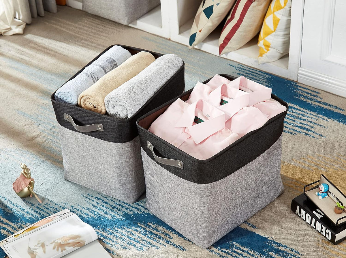 DECOMOMO Storage Bins, Large Fabric Storage Baskets for Shelves, Decorative Linen Closet Organizer, 15 x 11 x 9.5 inches (Beige & White, 3 Pack)