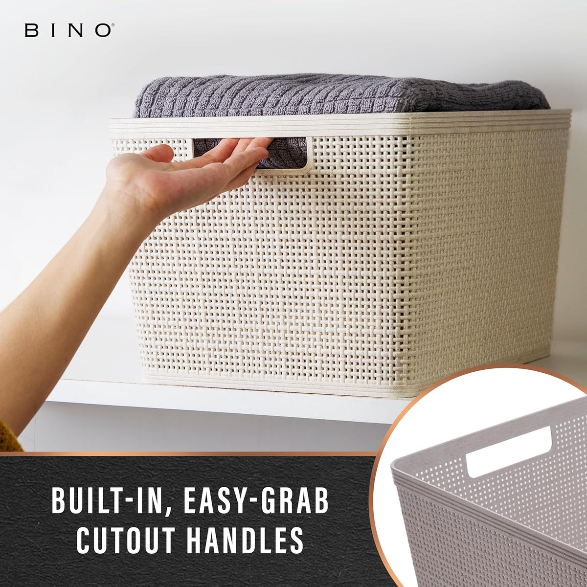 BINO | Woven Plastic Basket | Small (Natural), 5-Pack | THE JUTE COLLECTION | Home Organization, Space - Saving Storage, Stylish Design | Jute Basket | Plastic Storage Basket