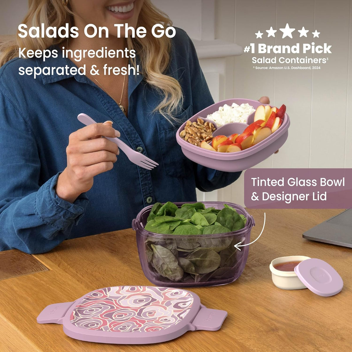Bentgo Glass Prints Salad Container - 7.6-Cup Tinted Glass Salad Bowl with Airtight Lid, Leak-Proof Sauce Container, 4-Compartment Bento Meal Prep Tray & Reusable Fork (Floral Maximalist - Sea)