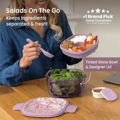 Bentgo Glass Prints Salad Container - 7.6-Cup Tinted Glass Salad Bowl with Airtight Lid, Leak-Proof Sauce Container, 4-Compartment Bento Meal Prep Tray & Reusable Fork (Floral Maximalist - Sea)
