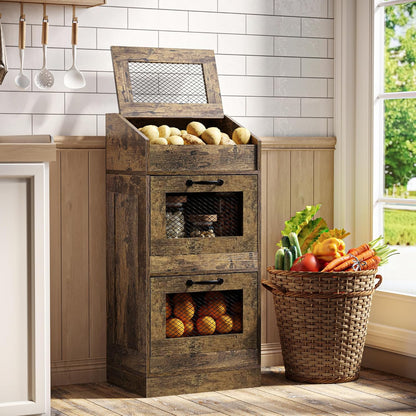 Potato Storage Bin with Lid, Rustic Wooden Onion Storage Bin, Bread Box for Kitchen, Kitchen Decorative Vegetable Storage Cabinet, Rustic Grey HPC001SG