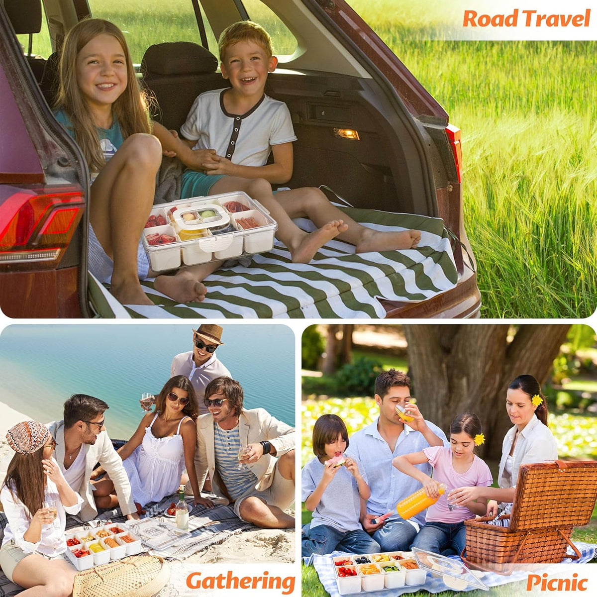 TCHZA Snackle Box Container, Dishwasher Safety - Divided Serving Tray with Lid and Handle, Charcuterie Board for Portable Snack Platters - Clear Organizer for Fruits Snacks,Perfect for Road Travel