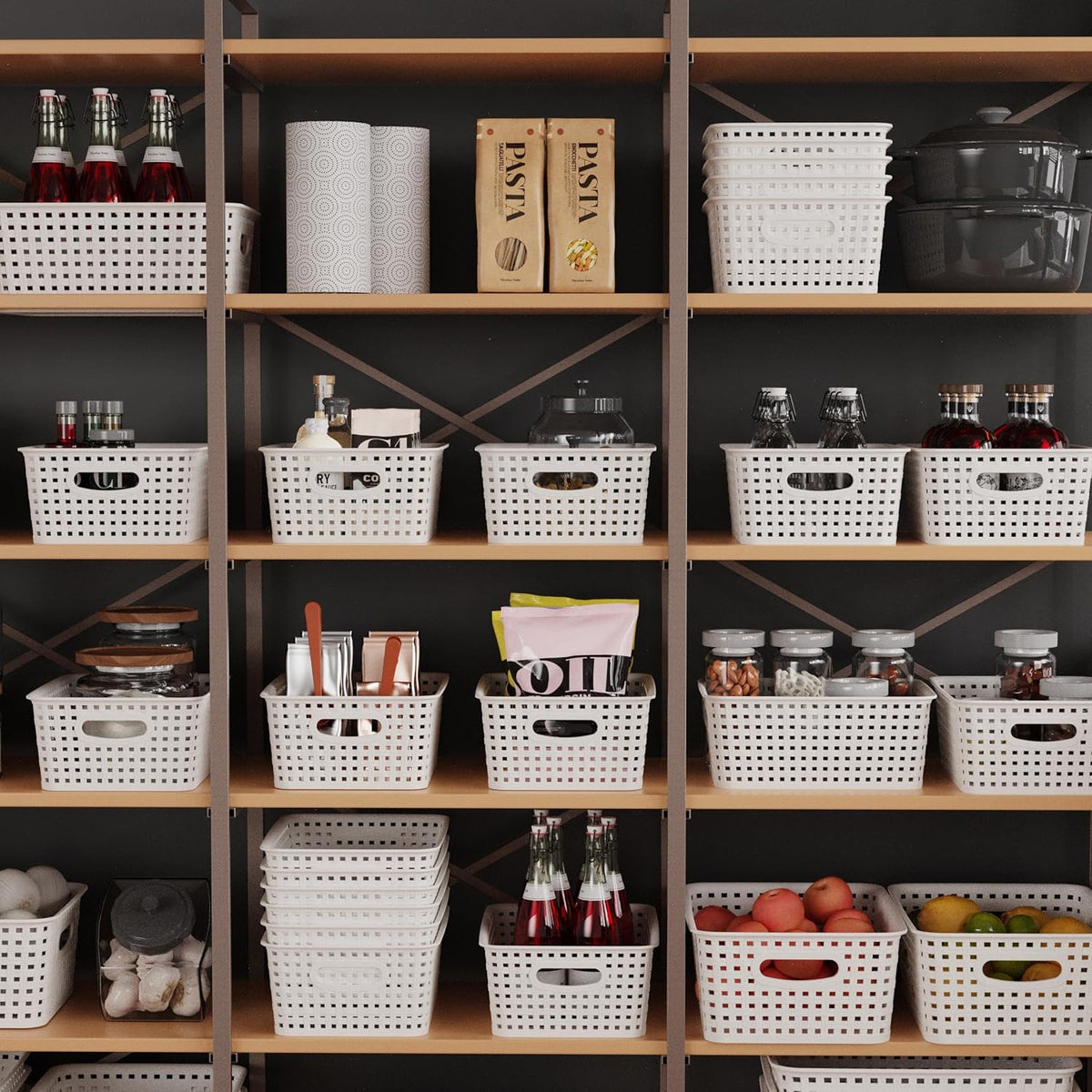 Khaki Stackable Storage Baskets, Plastic Weave Basket Organizer and Storage Set of 12, Pantry Organizing Baskets for Shelves, Kitchens, Bathrooms, Classrooms, Cabinets and Bedrooms