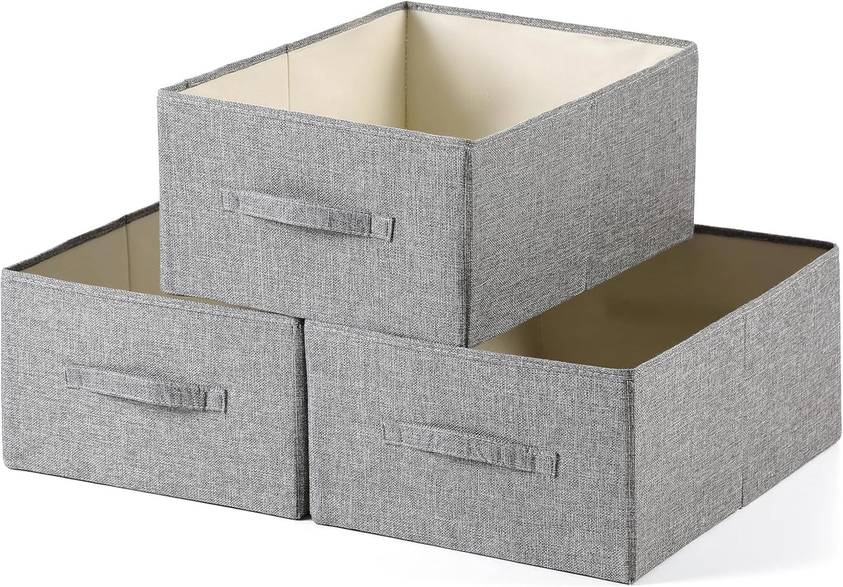 Linen Folding Storage Bins, 3 Pack Large Storage Baskets, Washable, Clothing Storage Bins with Handle, Closet Organizer for Storage Sweater,Sheets(Beige, 18½"x11 x8½)