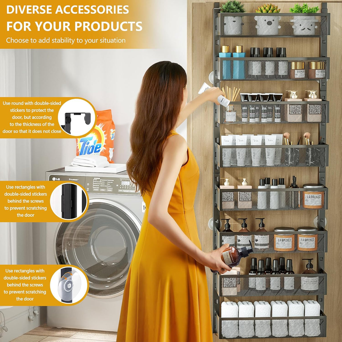 6-Tier Over The Door Pantry Organizer with Mesh Baskets, Adjustable & Stable Hanging Spice Rack for Kitchen, Bathroom, Bedroom, and Baby Essentials Storage