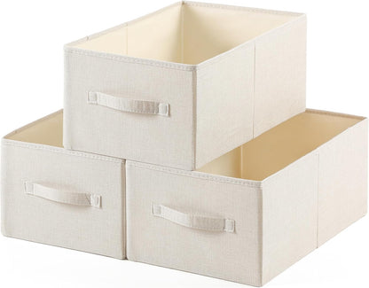 Linen Folding Storage Bins, 3 Pack Large Storage Baskets, Washable, Clothing Storage Bins with Handle, Closet Organizer for Storage Sweater,Sheets(Beige, 18½"x11 x8½)