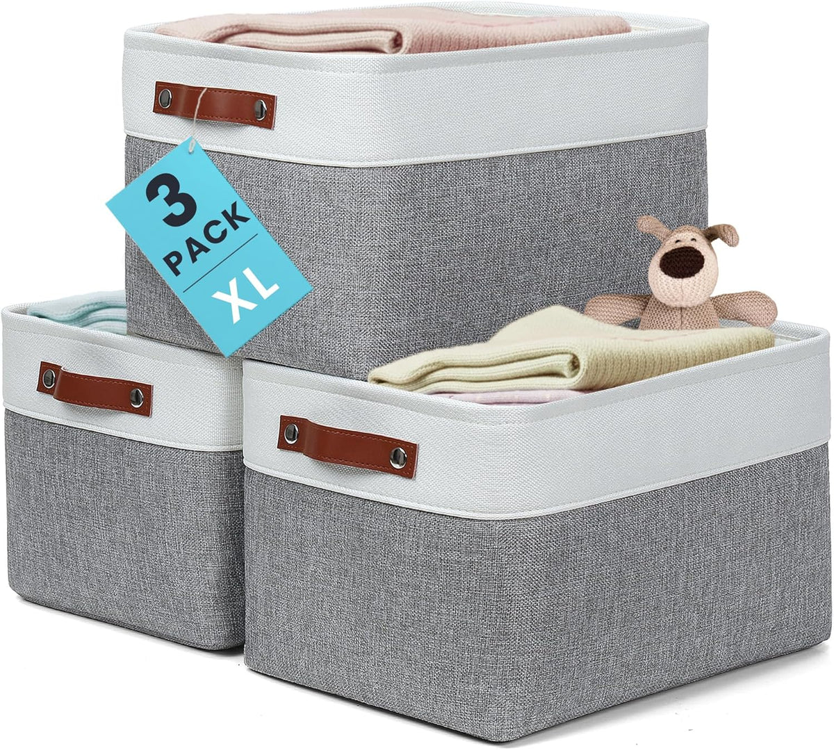OrganiHaus 12x8in Canvas Storage Baskets 3 Pack | SMALL Fabric Bins for Shelves | Pantry & Bathroom Organizer | Beige/Off-White