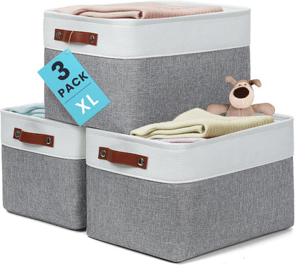 OrganiHaus 12x8in Canvas Storage Baskets 3 Pack | SMALL Fabric Bins for Shelves | Pantry & Bathroom Organizer | Beige/Off-White