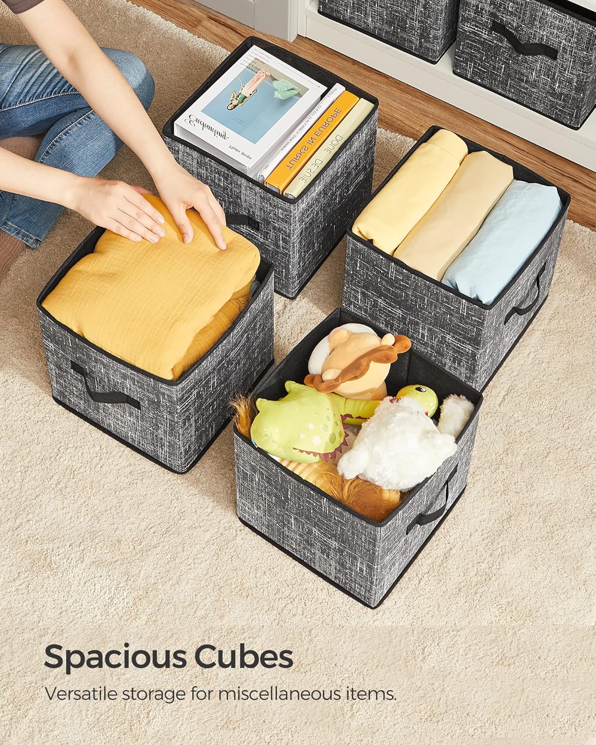 SONGMICS Storage Cubes, 11-Inch Non-Woven Fabric Bins with Double Handles, Set of 6, Closet Organizers for Shelves, Foldable, for Clothes, Cattail Gray UROB26LG