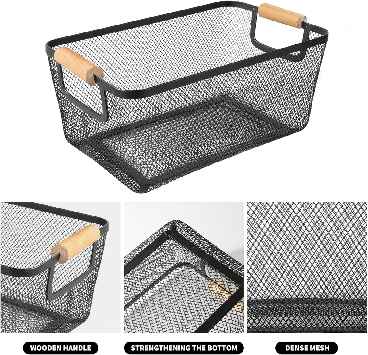 2 Pack 12" Wide Metal Mesh Baskets with Bamboo Handles for Pantry Organization | Wire Storage Bins for Kitchen, Cabinet, Fruit & Snacks | Decorative Farmhouse Style Organizer