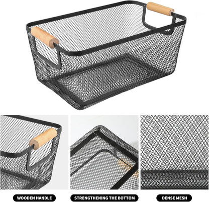 2 Pack 12" Wide Metal Mesh Baskets with Bamboo Handles for Pantry Organization | Wire Storage Bins for Kitchen, Cabinet, Fruit & Snacks | Decorative Farmhouse Style Organizer