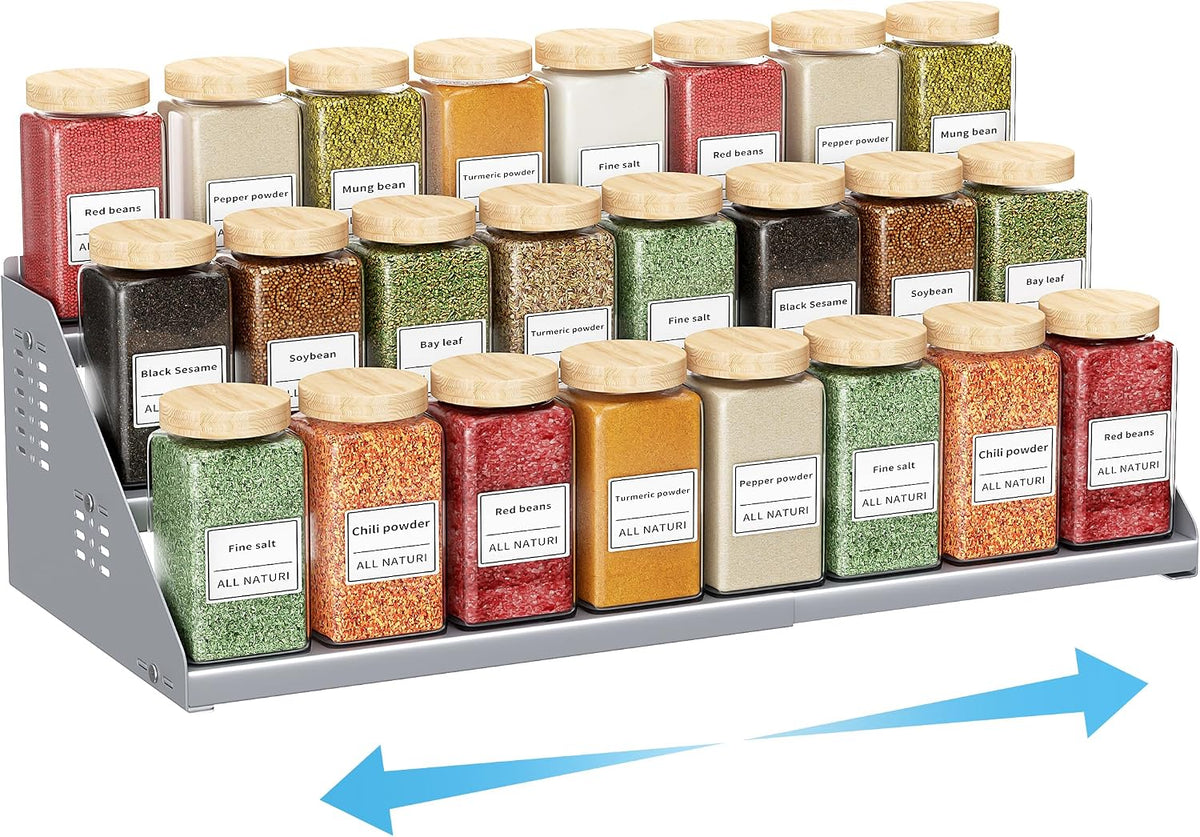BOIVSHI Spice Rack, Spice Organization for Cabinet - Expandable Width, 3 Tiered Spice Rack Organizer for Cabinet - Adjustable Height, Seasoning Organizer for Cabinet, Countertop, Pantry, White