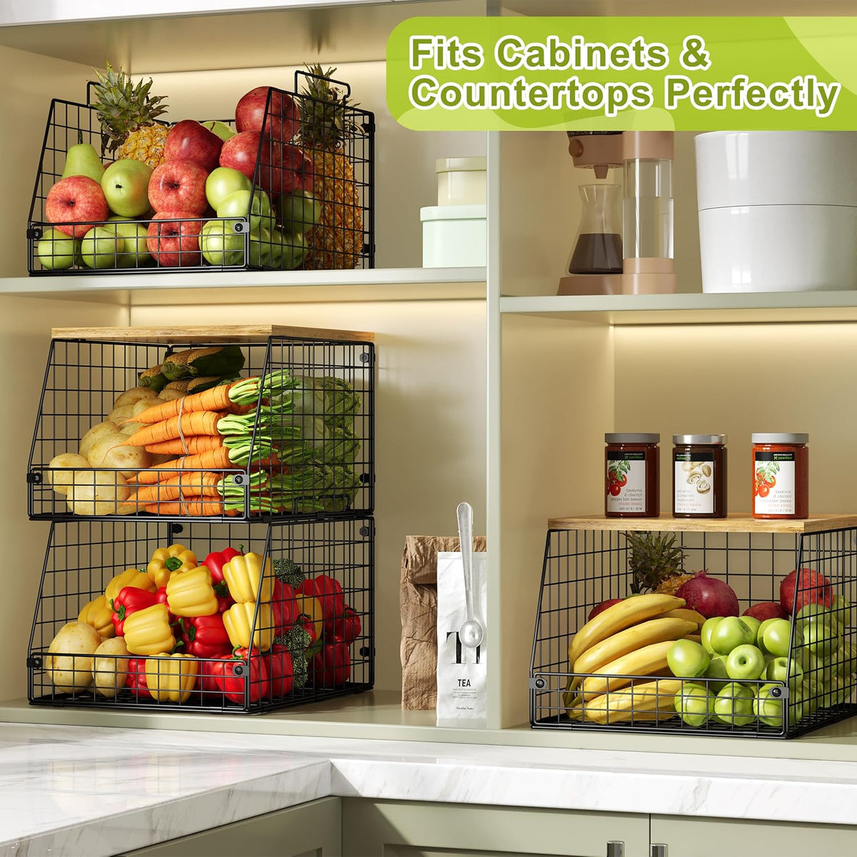 Jakyitvi XXL Stackable Wire Storage Basket, Extra Large Capacity Pantry Organizer and Storage, Muti-Purpose for Fruit Vegetable Basket & Toy Bin & Snack Organizer