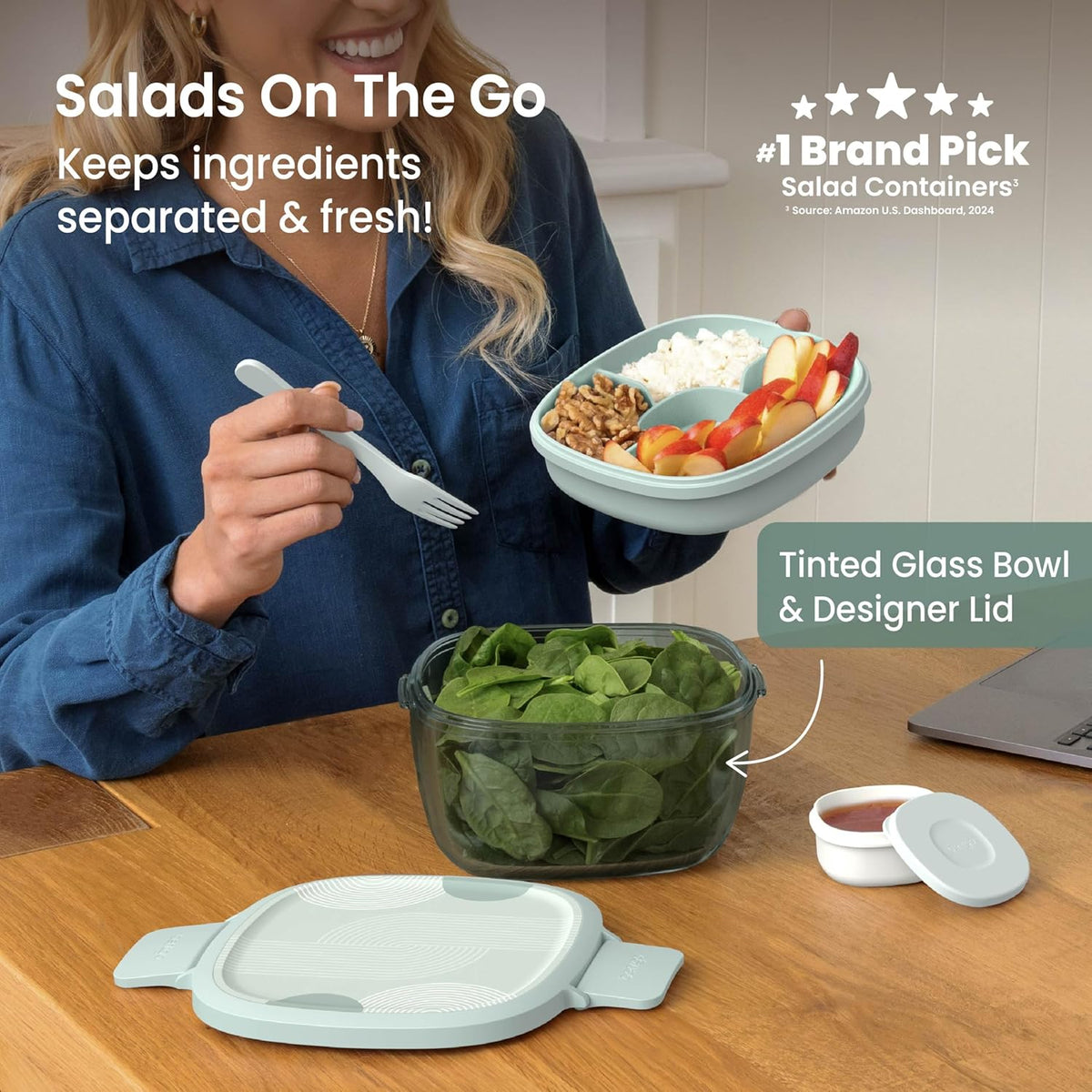 Bentgo Glass Prints Salad Container - 7.6-Cup Tinted Glass Salad Bowl with Airtight Lid, Leak-Proof Sauce Container, 4-Compartment Bento Meal Prep Tray & Reusable Fork (Floral Maximalist - Sea)