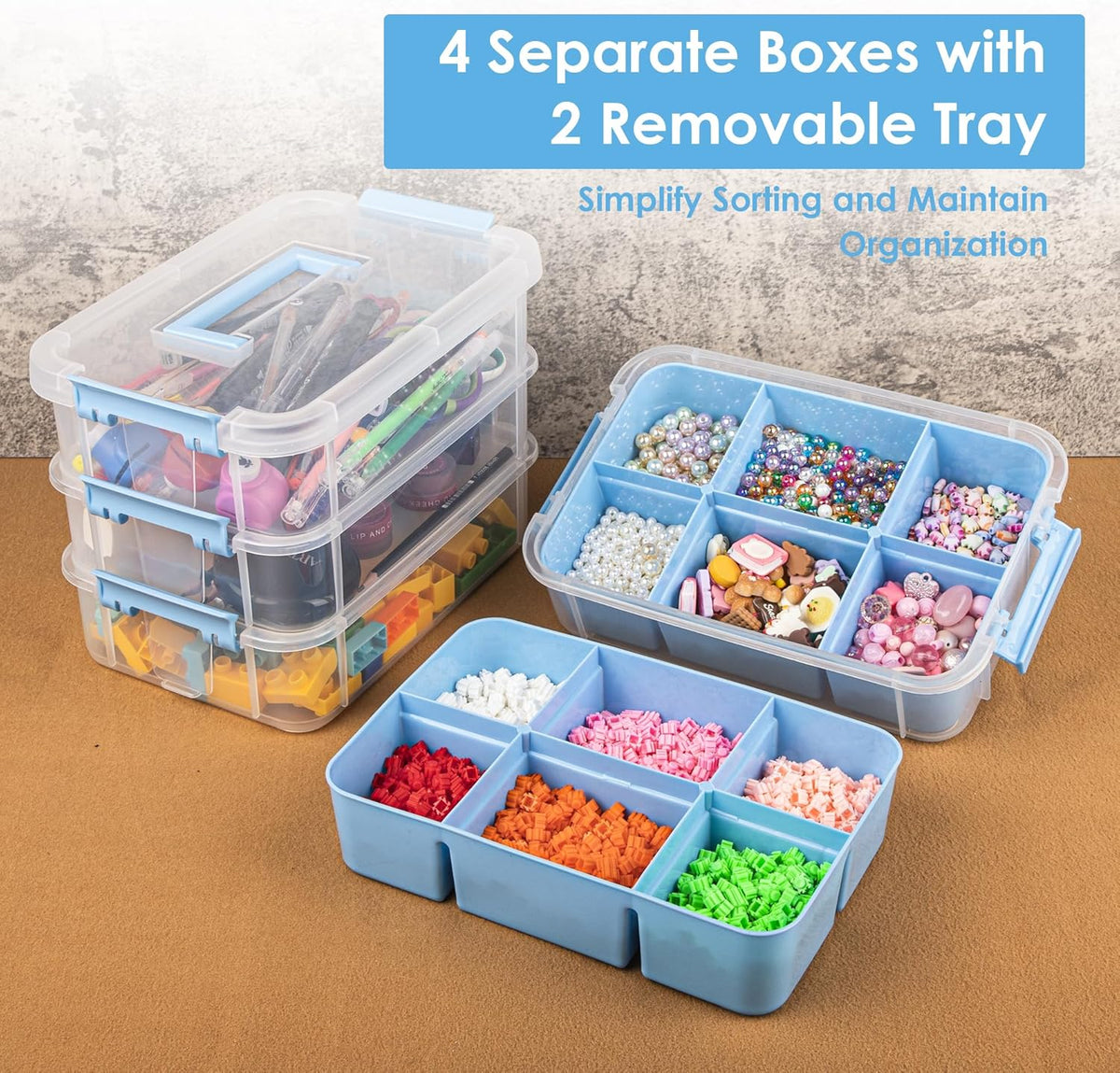 CraftGenes Grey&White Modern Plastic Storage Box - 4-Layer Durable Craft Storage Containers with 2 Removable Trays for Arts & Crafts Supplies, Sewing, Office, Seasonal Decor