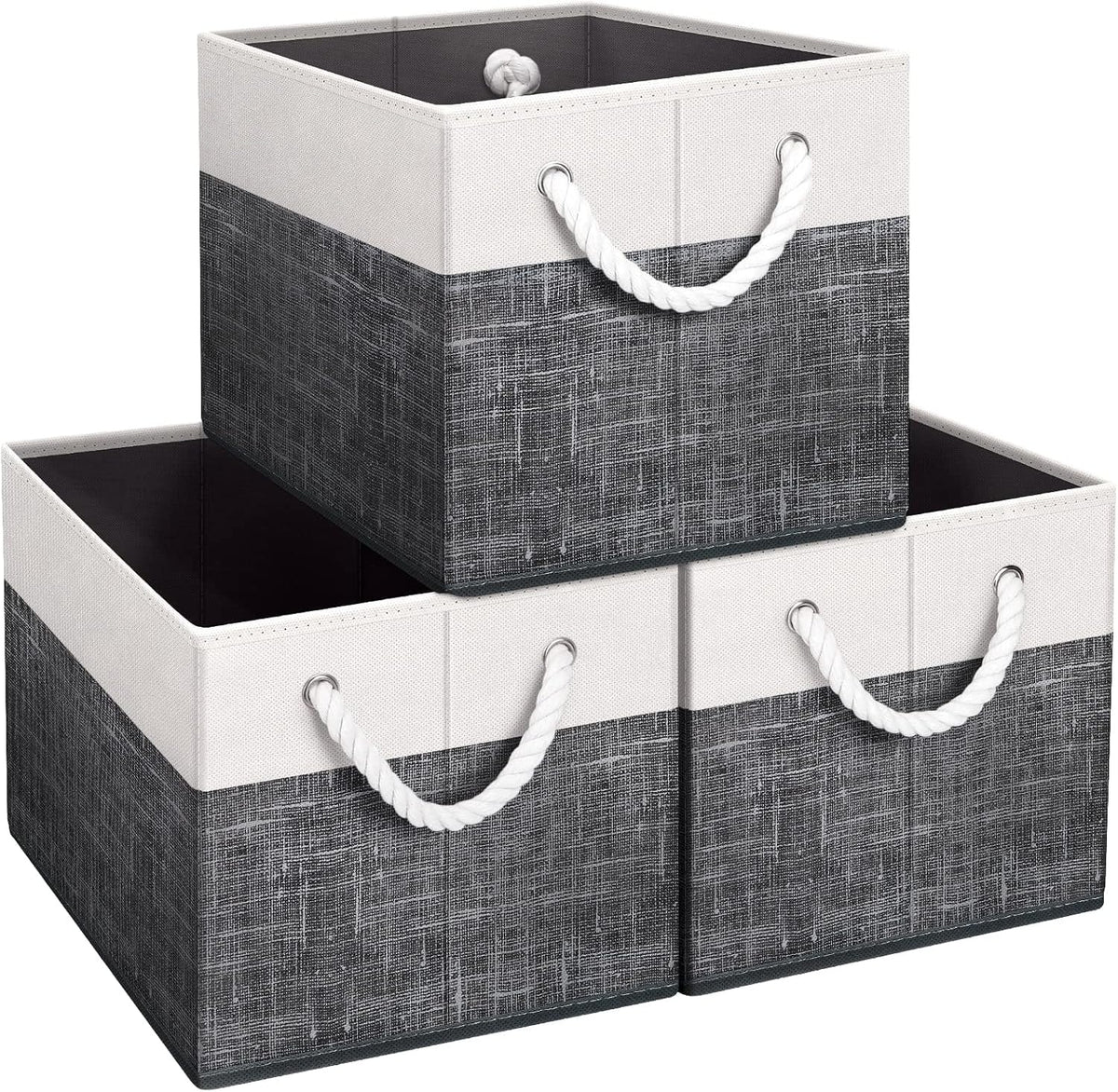 Fab totes Storage Bins, Foldable Storage Baskets for Organizing Toys, Books, Shelves, Closet, Large Storage Box with Rope Handles, Sturdy Organizer Bins, White & Grey