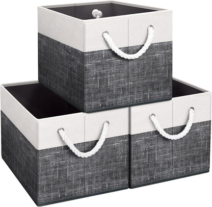 Fab totes Storage Bins, Foldable Storage Baskets for Organizing Toys, Books, Shelves, Closet, Large Storage Box with Rope Handles, Sturdy Organizer Bins, White & Grey