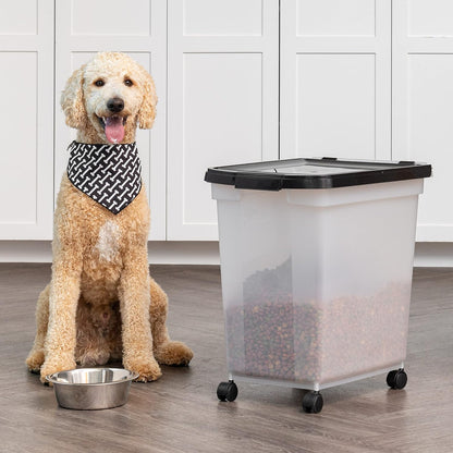 IRIS USA Airtight Dog Food Storage Container, WeatherPro, Up to 50 lbs, Removable Wheels, for Dog Cat Bird and Other Pet Food Storage Bin, Keep Fresh, Translucent Body, Made in USA, Clear/Gray