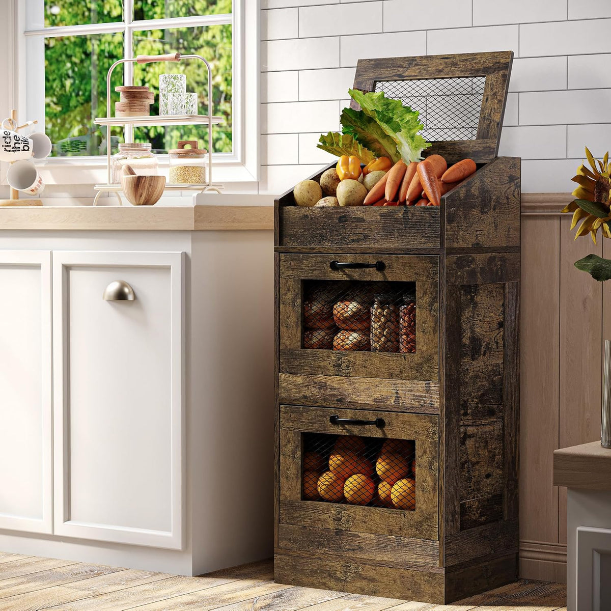 Potato Storage Bin with Lid, Rustic Wooden Onion Storage Bin, Bread Box for Kitchen, Kitchen Decorative Vegetable Storage Cabinet, Rustic Grey HPC001SG