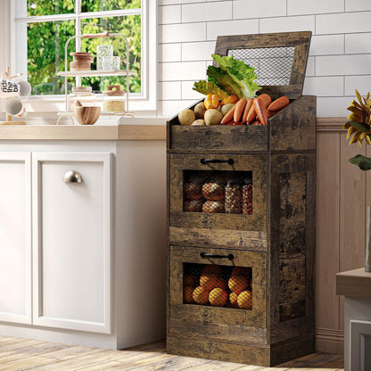 Potato Storage Bin with Lid, Rustic Wooden Onion Storage Bin, Bread Box for Kitchen, Kitchen Decorative Vegetable Storage Cabinet, Rustic Grey HPC001SG