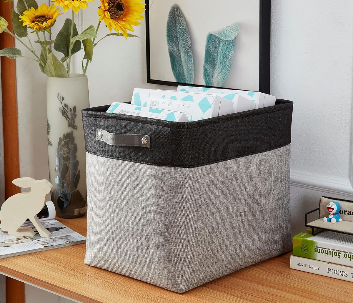 DECOMOMO Storage Bins, Large Fabric Storage Baskets for Shelves, Decorative Linen Closet Organizer, 15 x 11 x 9.5 inches (Beige & White, 3 Pack)