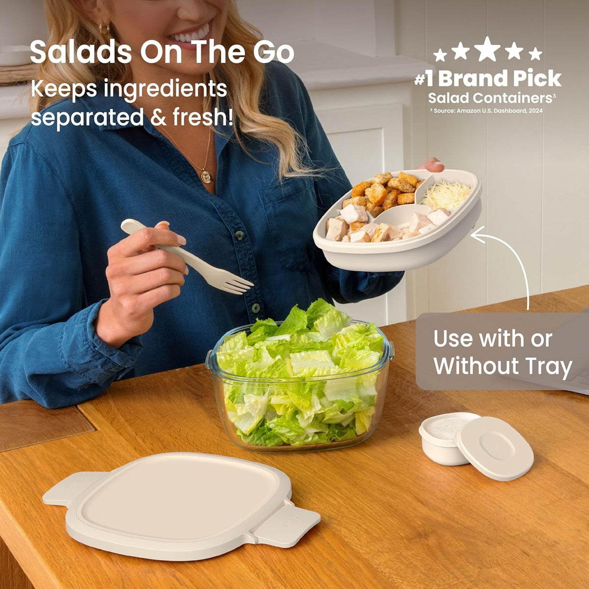 Bentgo Glass Prints Salad Container - 7.6-Cup Tinted Glass Salad Bowl with Airtight Lid, Leak-Proof Sauce Container, 4-Compartment Bento Meal Prep Tray & Reusable Fork (Floral Maximalist - Sea)