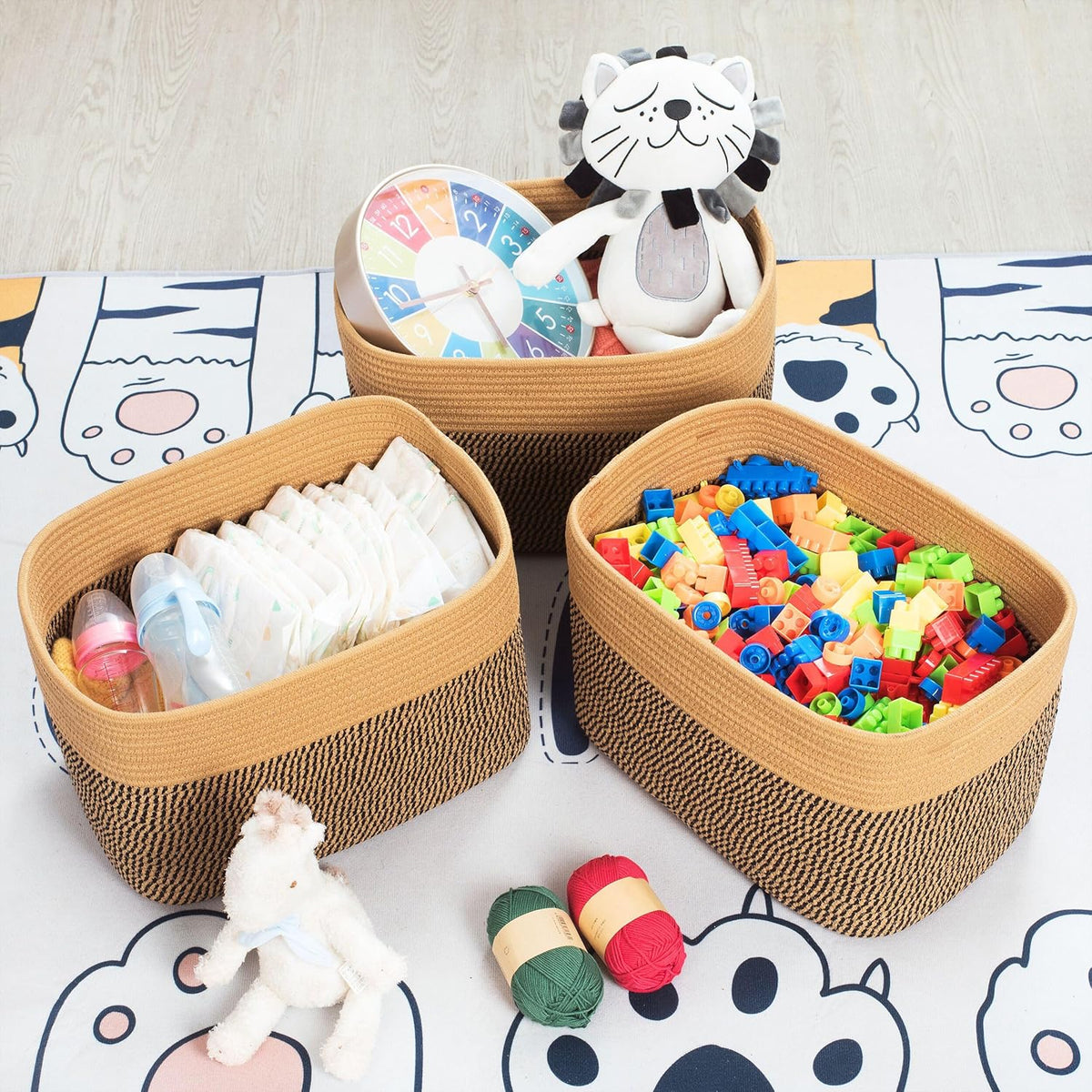MINTWOOD Design 3-Pack Decorative Woven Storage Baskets for Shelves, Cube Bin Box for Organizing Books, Shoes, Dog Toys, Pantry Closet and Living Room Organizer, Oatmeal Brown