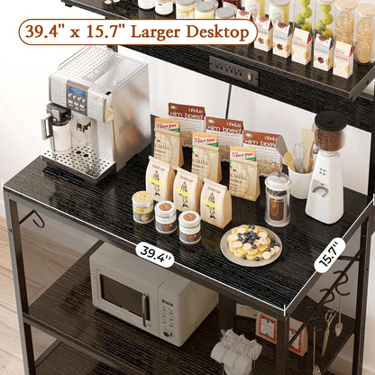 SUPERJARE Kitchen Bakers Rack with Power Outlet, Coffee Bar Table 4 Tiers, Kitchen Microwave Stand with 6 S-shaped Hooks, Storage Shelf Rack for Spices, Pots and Pans - Rustic Brown