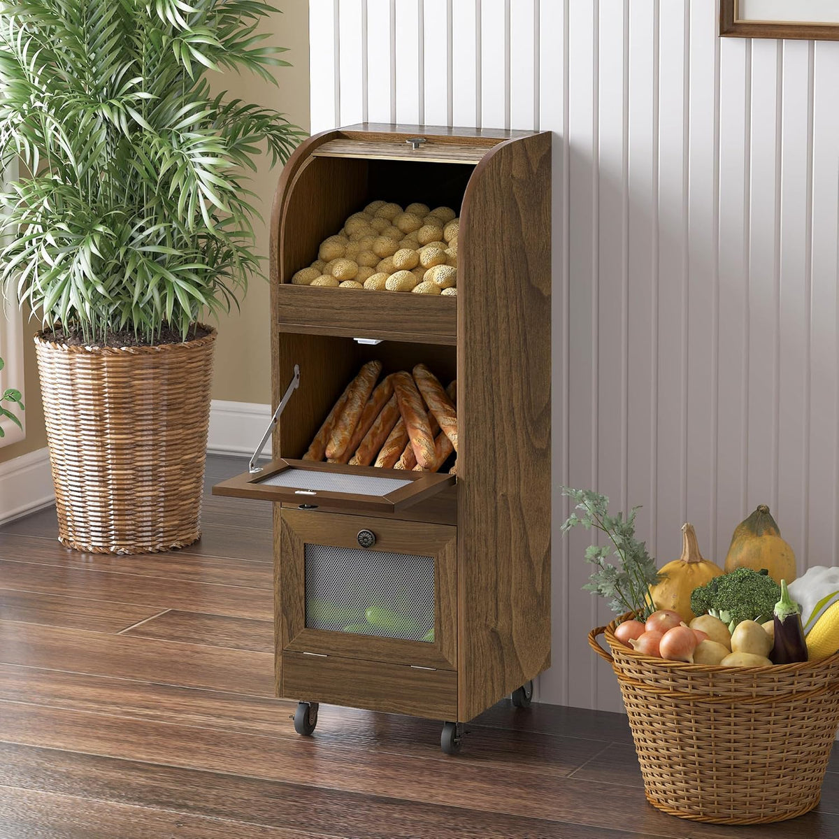 Movable Potato and Onion Storage Box with Wheels,Wooden Vegetable Storage Box,Food Storage Room with Grocery Area,Sliding Design,Modern Farmhouse Style，Suitable for Kitchen (potato bin-Walnut-02)
